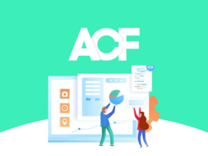 Two illustrated people interact with a large computer screen displaying icons, charts, and text. The letters "ACF" are prominently displayed above. The background is a solid teal color.