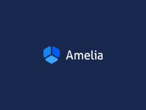 Logo with "WP Amelia" in white text beside a blue cube-like geometric shape on a dark blue background.