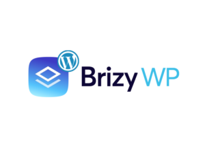 Logo for Brizy WP featuring a blue gradient square with two white stacked diamonds on the left and the WordPress logo above it. The text "Brizy" is in black and "WP" is in light blue to the right.