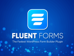 Logo for Fluent Forms featuring a stylized letter "F" in a blue square with rounded edges. Below, the text reads: "FLUENT FORMS" and "The Fastest WordPress Form Builder Plugin" on a blue background with light blue dots.