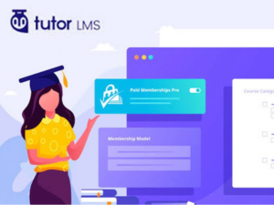 Illustration of a person wearing a graduation cap, gesturing towards a computer screen displaying "Paid Memberships Pro" and "Membership Model." The Tutor LMS logo is in the top left corner. Books are stacked below the person.