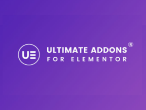 Logo of "Ultimate Addons for Elementor" on a purple background. The design features a circle with the letters "UE" inside, next to the text.