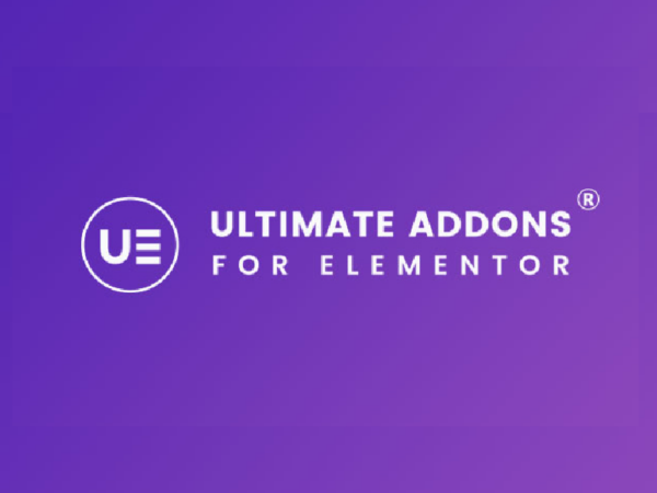 Logo of "Ultimate Addons for Elementor" on a purple background. The design features a circle with the letters "UE" inside, next to the text.