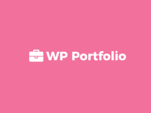 Pink background with a white icon of a briefcase and the text "WP Portfolio" in bold white font.