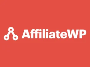 Red background with the white text "AffiliateWP" and a simple geometric logo featuring interconnected dots, symbolizing connectivity.