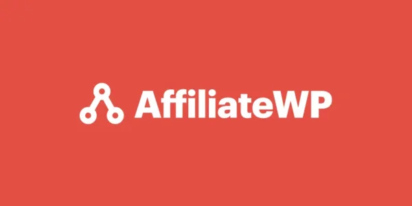 Red background with the white text "AffiliateWP" and a simple geometric logo featuring interconnected dots, symbolizing connectivity.